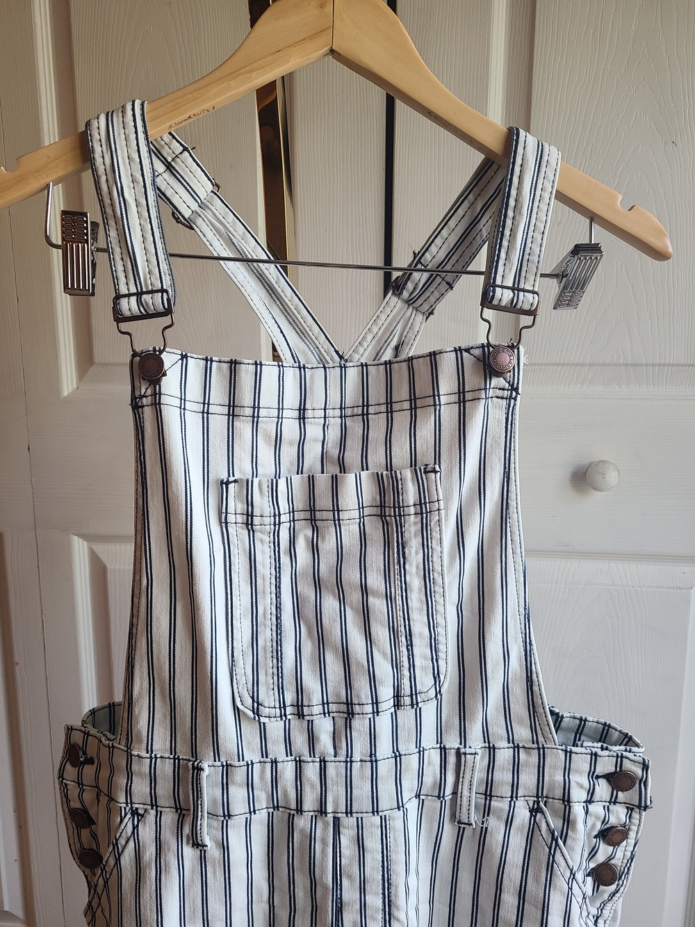 Judy Blue Striped Cotton Jumpsuit Overalls - White with Navy Pinstripes L - Picture 3 of 9